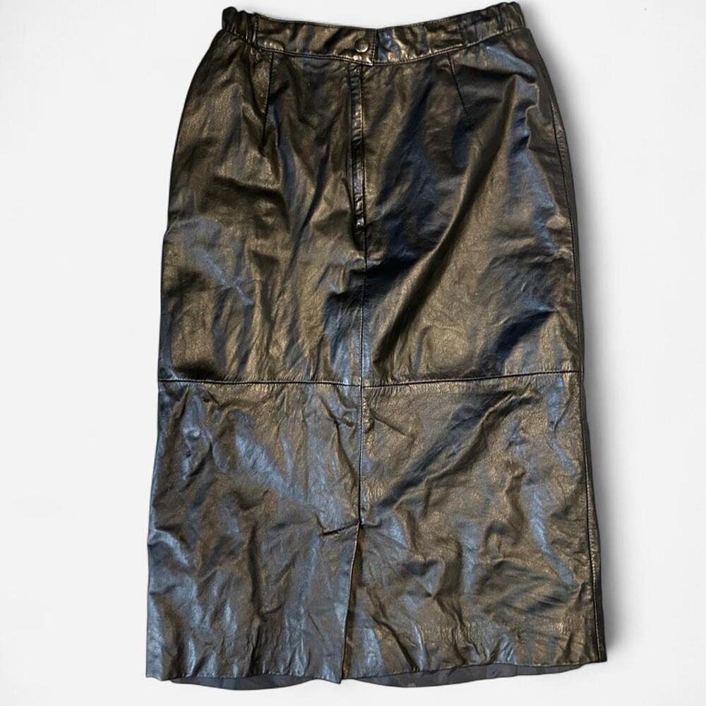 Size 2 / 26” waist vintage 80s black leather knee length skirt goth punk grunge